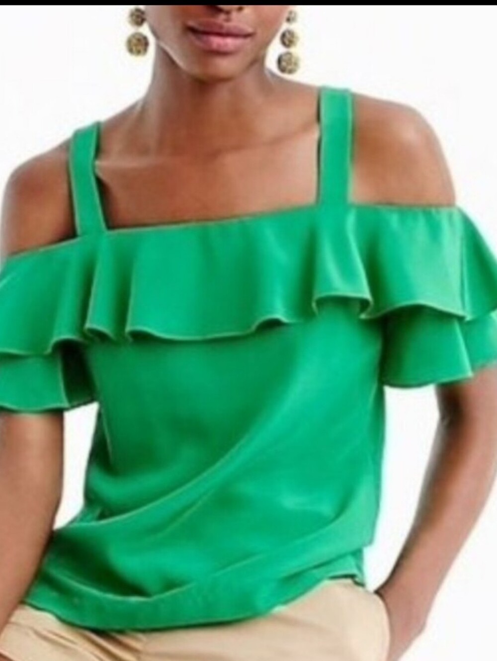 J. Crew Bright Green Ruffle Cold-Shoulder Top